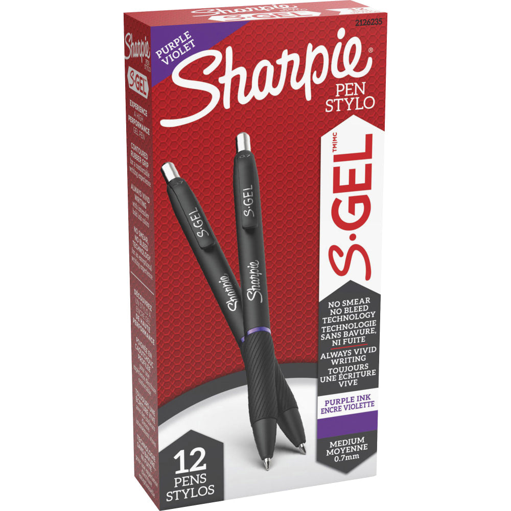 Sharpie S-Gel Pens, Medium Point, 0.7 mm, Black Barrel, Purple Ink, Pack Of 12 Pens