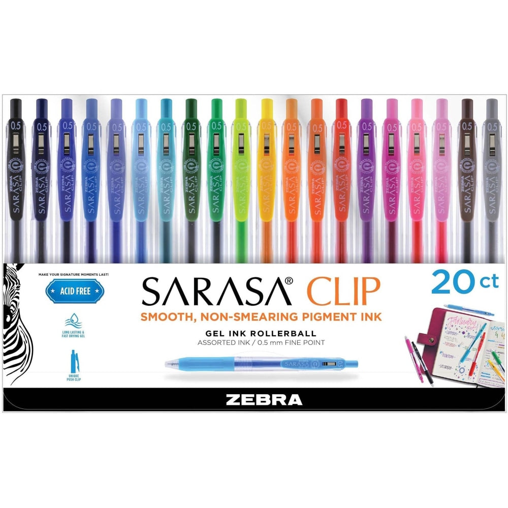 Zebra Pen SARASA Retractable Gel Pens, Pack Of 20, Fine Point, 0.5 mm, Silver Barrel, Black Ink