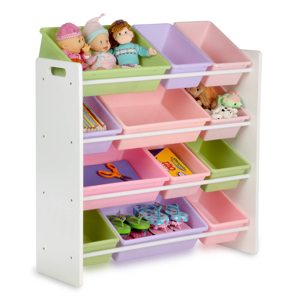 Honey-can-do SRT-01603 Kids Toy Organizer and Storage Bins, White/Pastel - 12 x Bin - 36in Height x 12.5in Width33.3in Length - Durable, Heavy Duty, Stain Resistant, Rounded Corner, Sturdy - White, Pastel Frame - Plastic, Wood, MDF