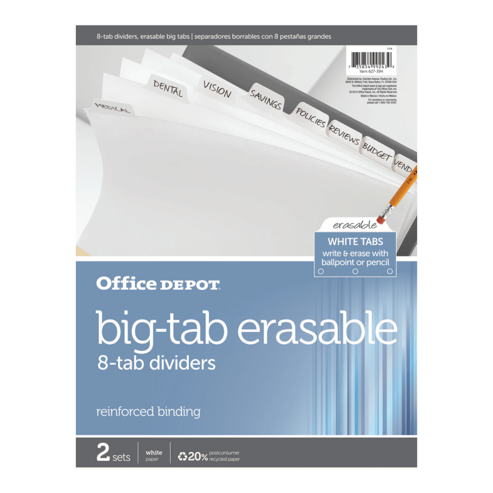 Office Depot Brand Erasable Big Tab Dividers, 8-Tab, White, Pack Of 2 Sets