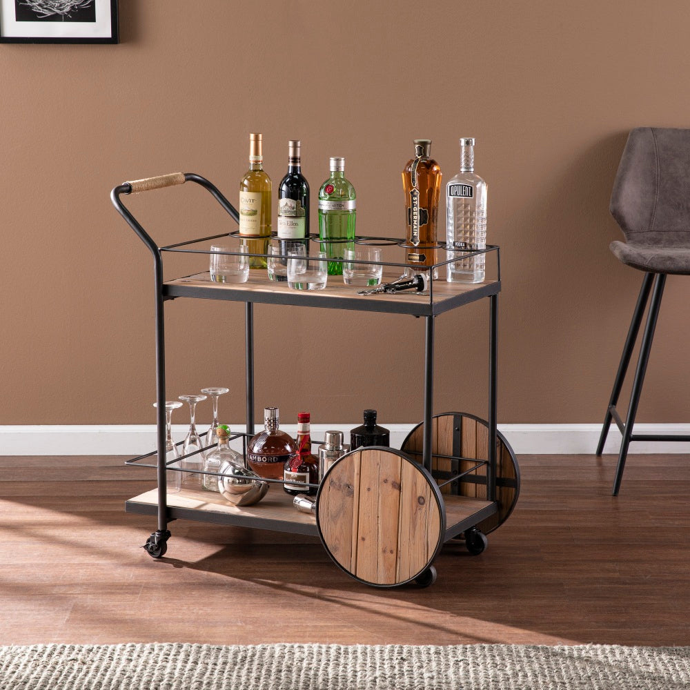 SEI Pemton Reclaimed Wood Bar Cart, 34inH x 32-1/4inW x 17-1/2inD, Natural/Black