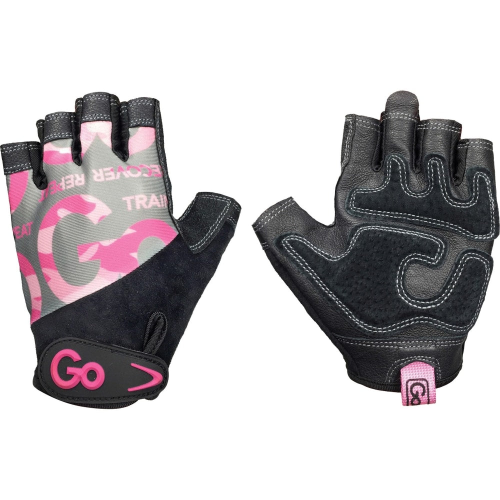 GoFit Elite Trainer Exercise Glove - Medium Size - Jersey Back, Velcro Closure, Rubber Grip, Leather Palm, Leather Finger - Pink, Camo, Black