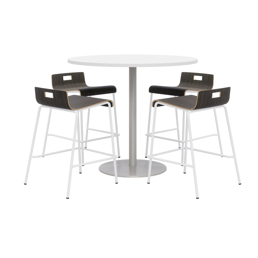 KFI Studios Proof Round High Bistro Table With 4 Low Back Stools, White/Silver Table, Espresso/White Chairs