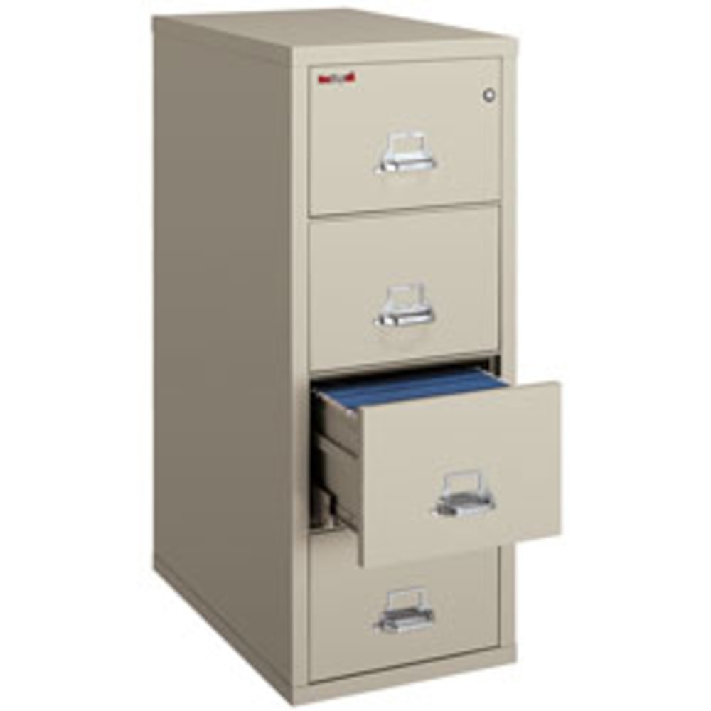 FireKing 25inD Vertical 4-Drawer Legal-Size Fireproof File Cabinet, Metal, Parchment, White Glove Delivery