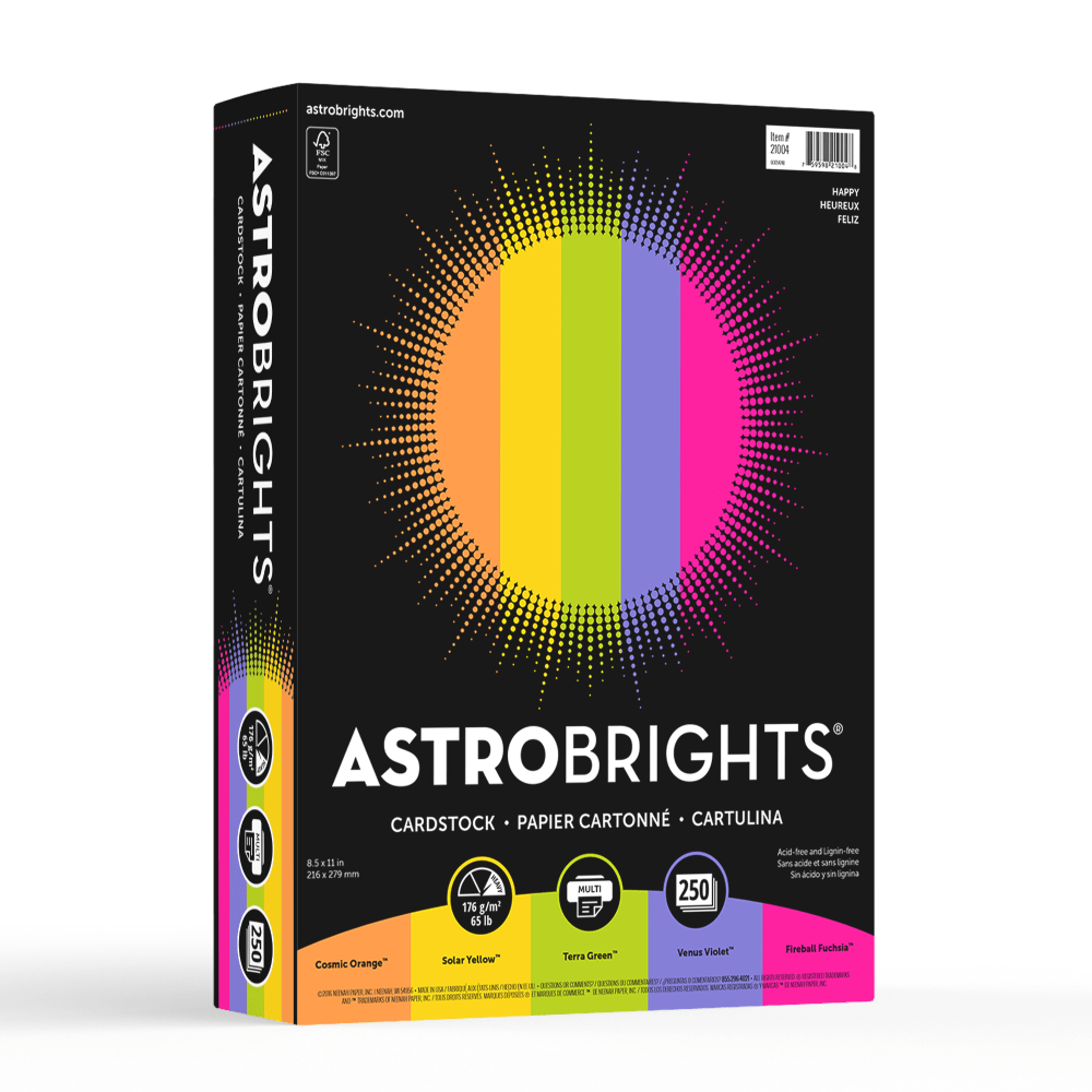 Astrobrights Color Card Stock, Happy Assortment, Letter (8.5in x 11in), 65 Lb, Pack Of 250