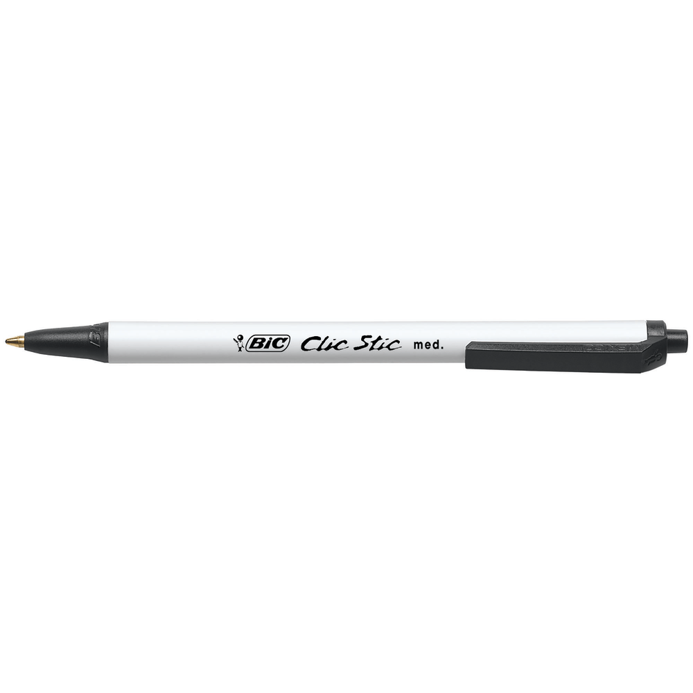 BIC Clic Stic Retractable Ballpoint Pens, Medium Point, 1.0 mm, White Barrel, Black Ink, Pack Of 24