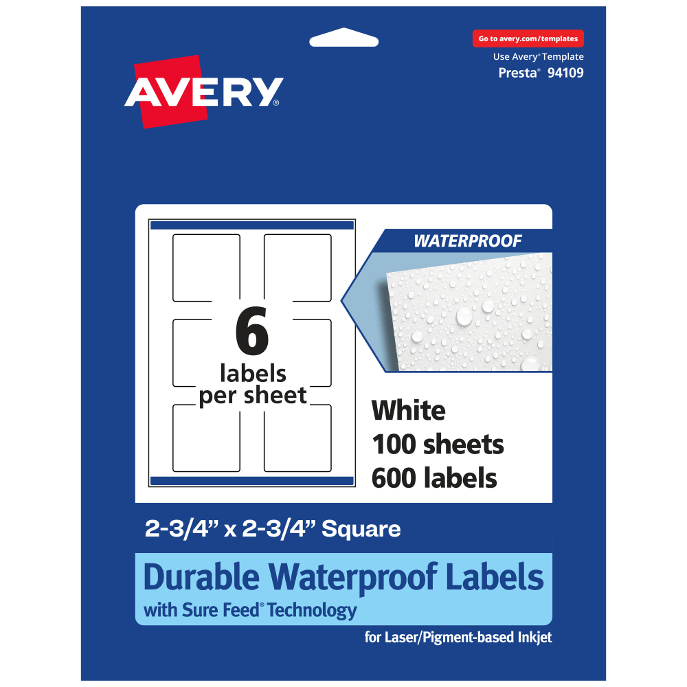 Avery Waterproof Permanent Labels With Sure Feed, 94109-WMF100, Square, 2-3/4in x 2-3/4in, White, Pack Of 600