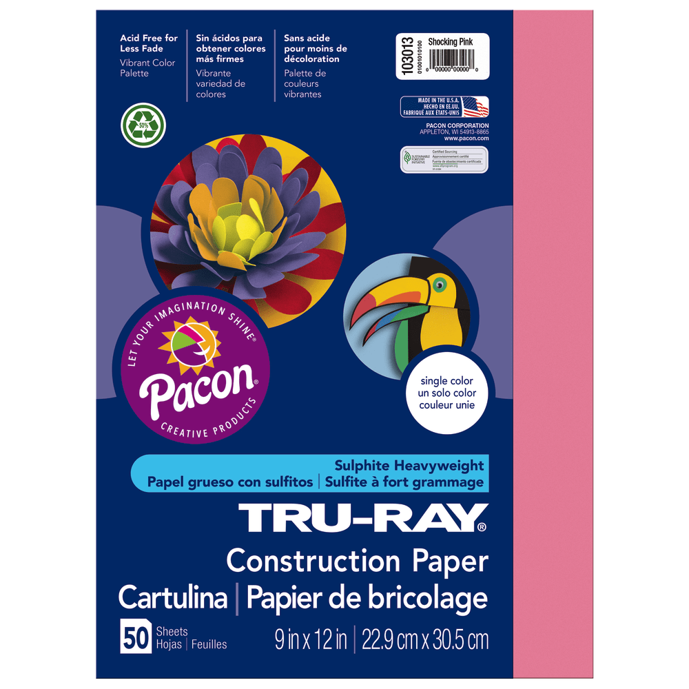 Tru-Ray Construction Paper, 50% Recycled, 9in x 12in, Shocking Pink, Pack Of 50