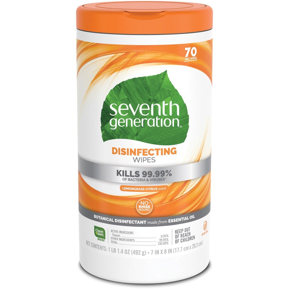 Seventh Generation Disinfecting Wipes, Lemongrass Scent, 70 Wipes Per Canister, Pack Of 6 Canisters