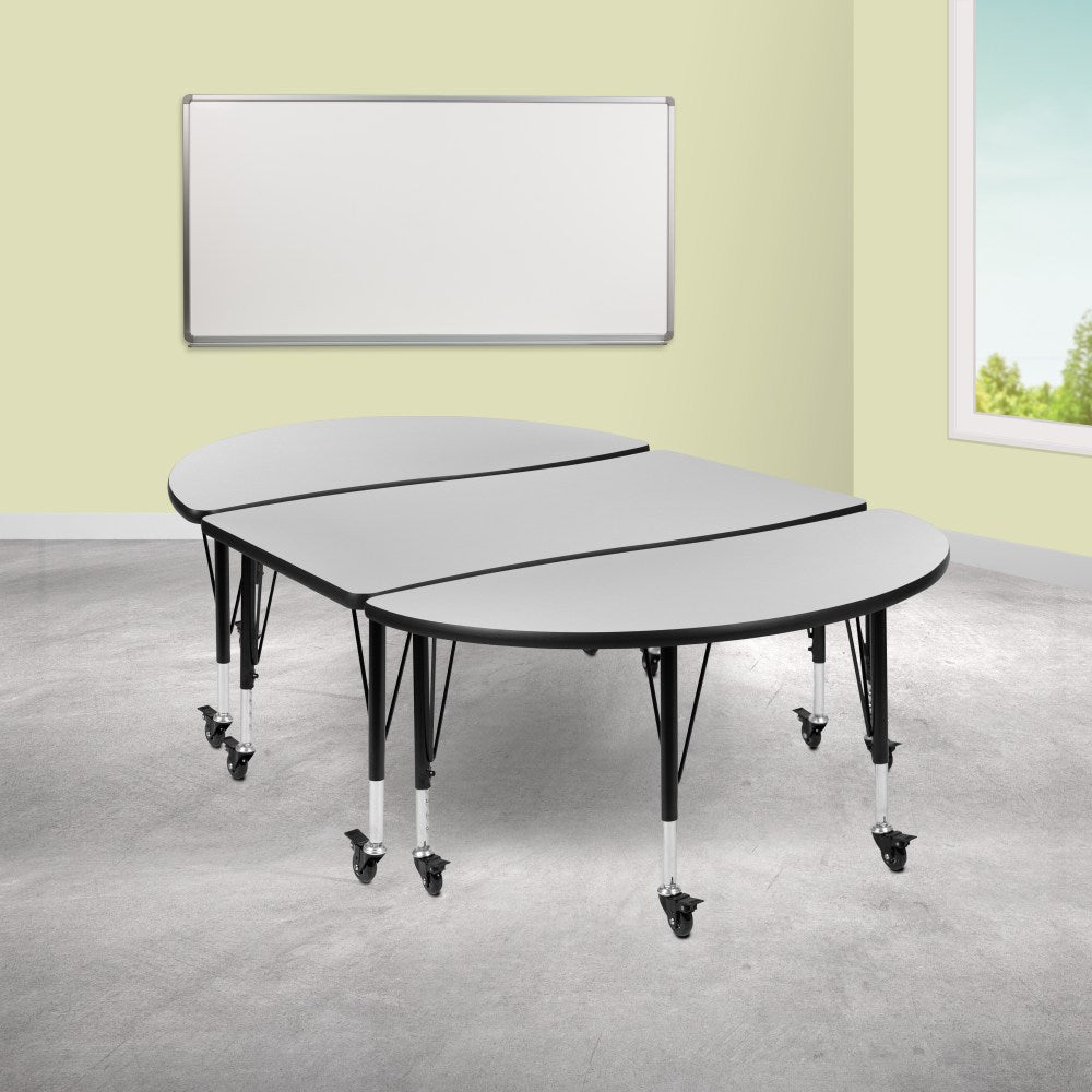 Flash Furniture Oval Wave Flexible Thermal Laminate 3-Piece Activity Table Set With Height-Adjustable Short Legs, 25inH x 47-1/2inW x 76inD, Gray