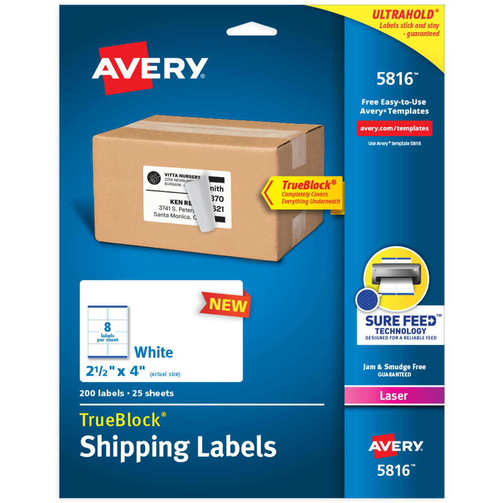 Avery TrueBlock Shipping Labels With Sure Feed Technology, 5816, Rectangle, 2.5in x 4in, White, Pack Of 200