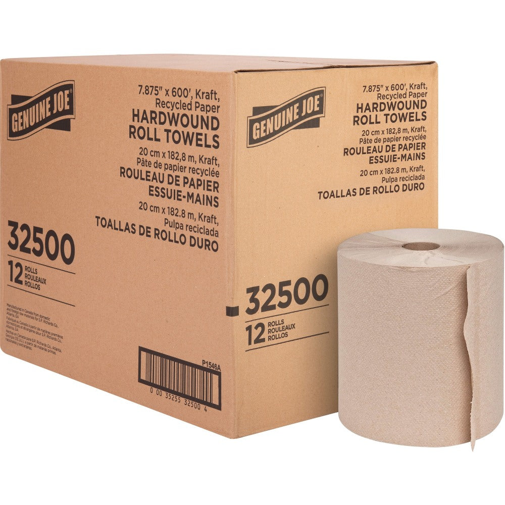 Genuine Joe Embossed Hardwound Roll Towels - 7.88in x 600 ft - 2in Core - Brown - 12 / Carton