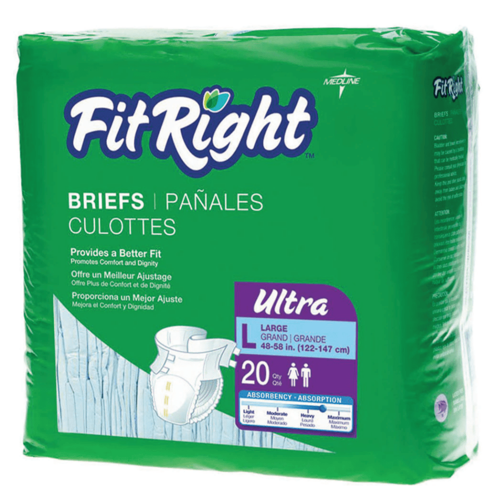 FitRight Ultra Briefs, Large, 48 - 58in, Blue, 20 Briefs Per Bag, Case Of 4 Bags