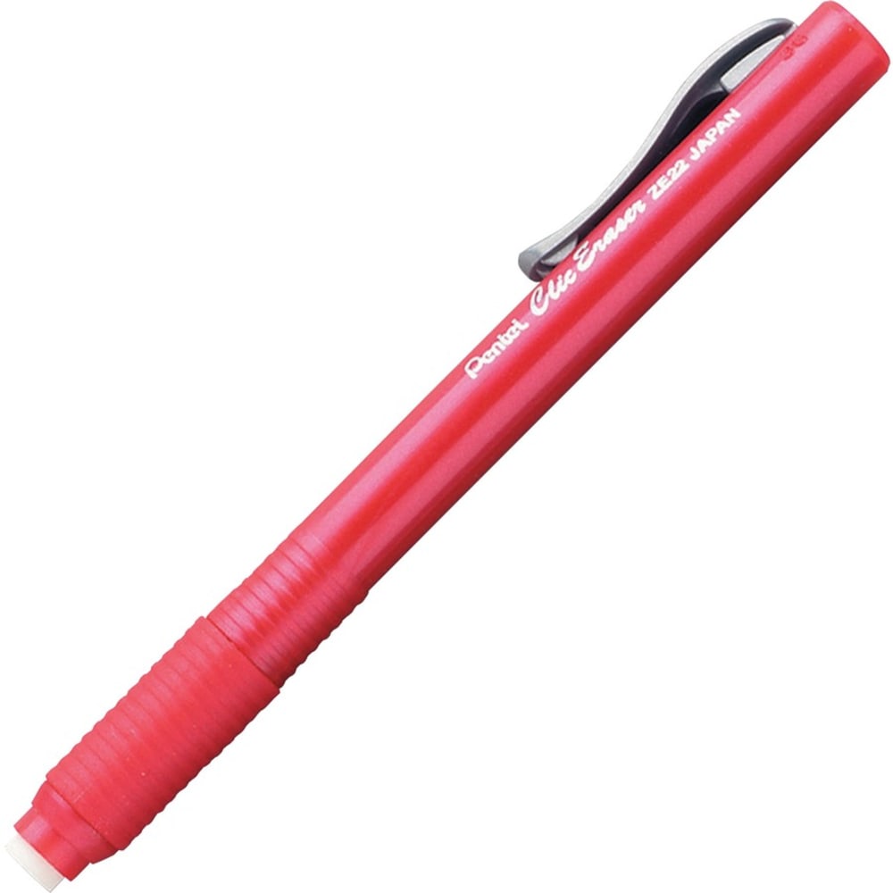 Pentel Rubber Grip Clic Eraser - Red - Pen - Refillable - 12 / Box - Retractable, Latex-free Grip, Pocket Clip, Ghost Resistant, Non-abrasive