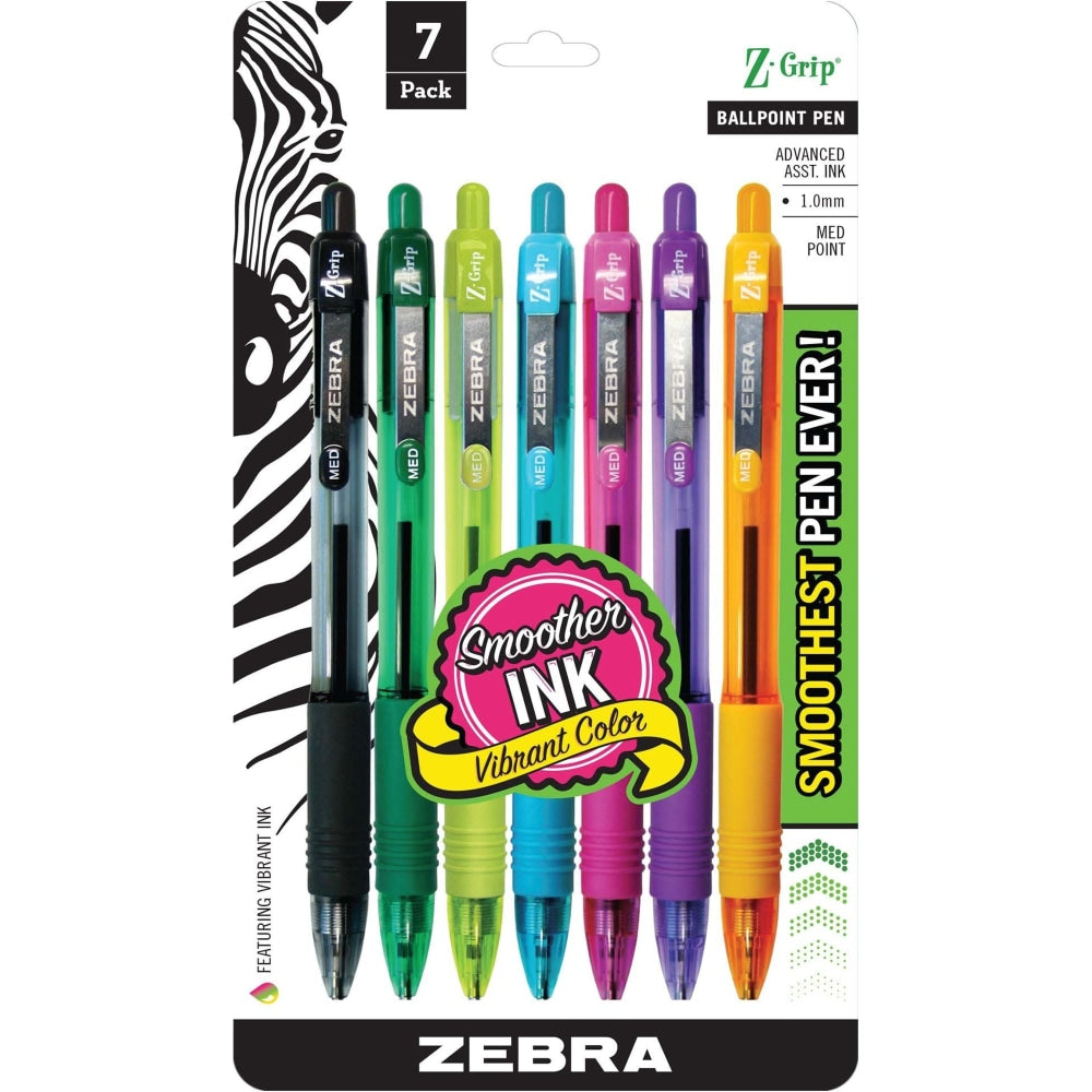 Zebra Pen Z-Grip Retractable Ballpoint Pens, Pack Of 7, Medium Point, 1.0 mm, Translucent Barrel, Assorted Ink Colors