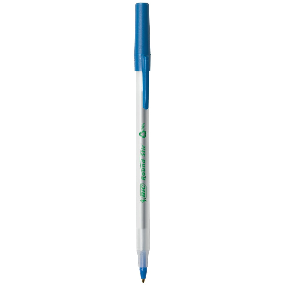 BIC ReVolution Round Stic Pens, Medium Point, 1.0 mm, 74% Recycled, Semi-Clear Barrel, Blue Ink, Pack Of 10 Pens