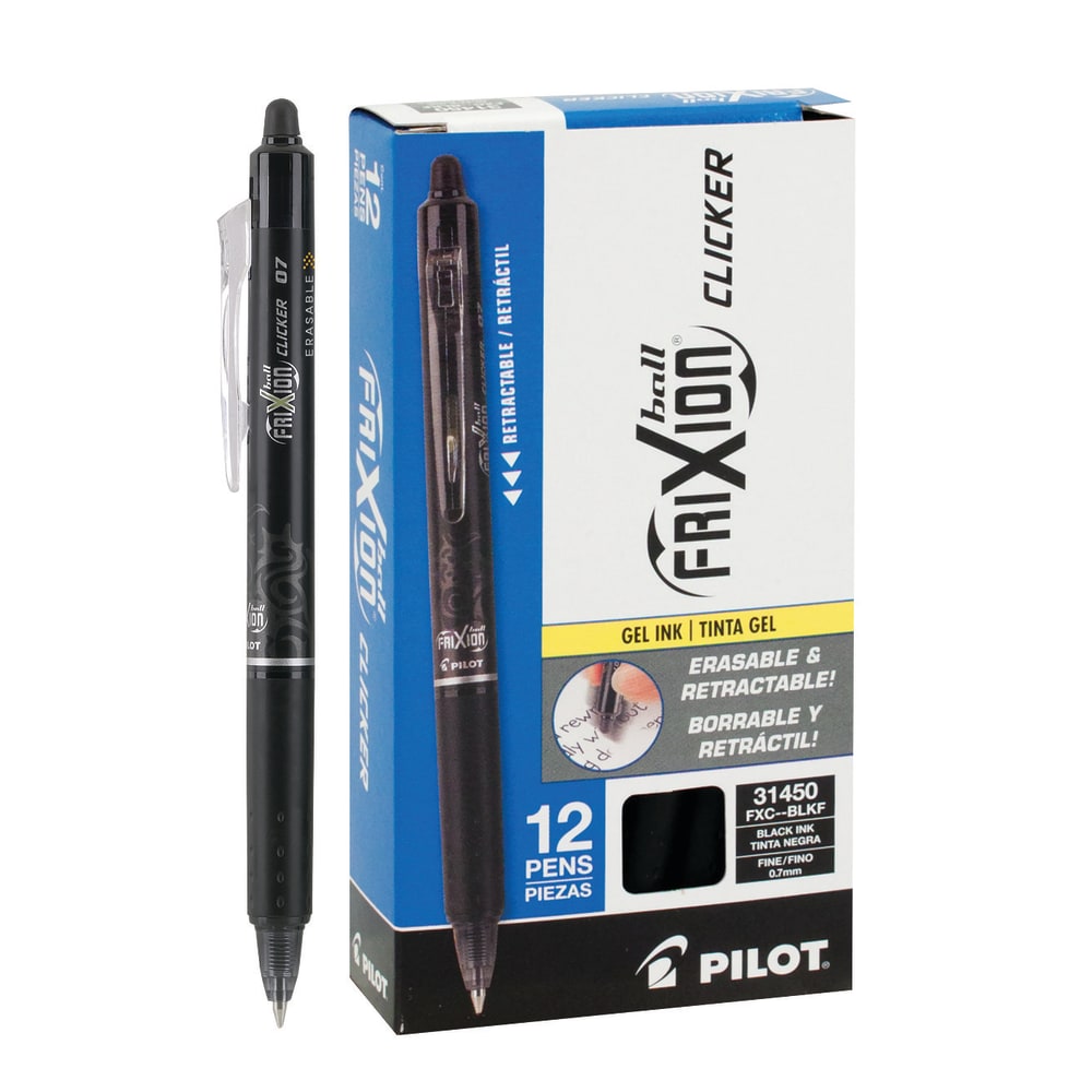 Pilot FriXion Clicker Erasable Gel Pens, Fine Point, 0.7 mm, Black Barrels, Black Ink, Pack Of 12