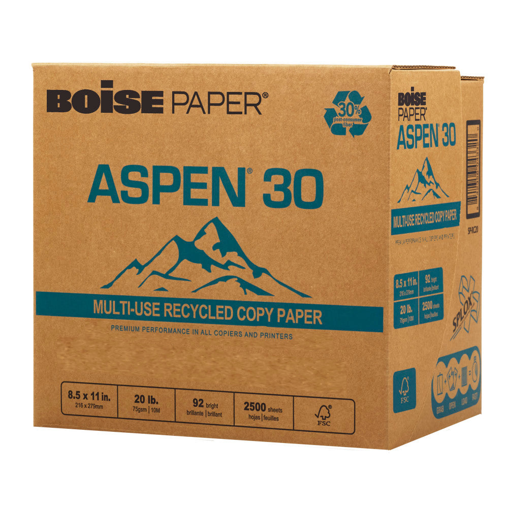 Boise ASPEN 30 SPLOX Paper, Speed-Loading Reamless Paper, Letter Size (8 1/2in x 11in), 20 Lb, FSC Certified, Ream Of 2,500 Sheets