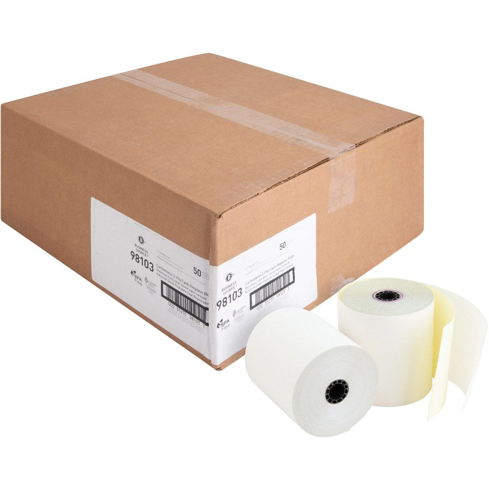 Business Source Carbonless Paper, 3in x 90ft, Carton Of 50 Rolls