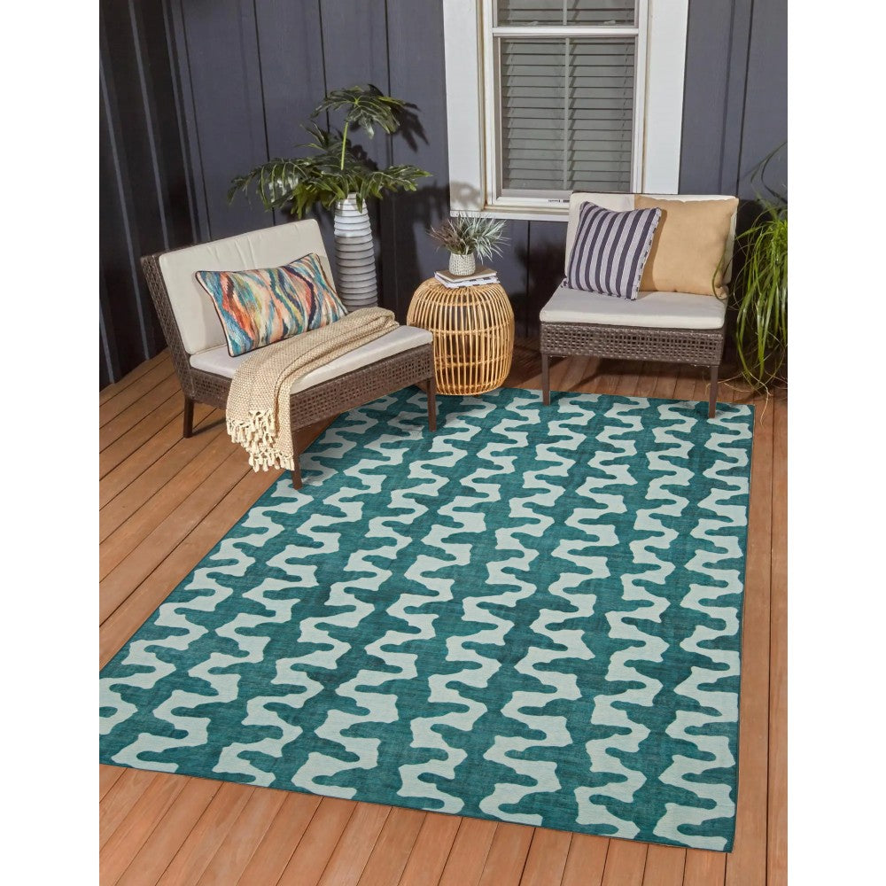 Linon Washable Outdoor Area Rug, Scobey, 5ft x 7ft, Aqua/Green