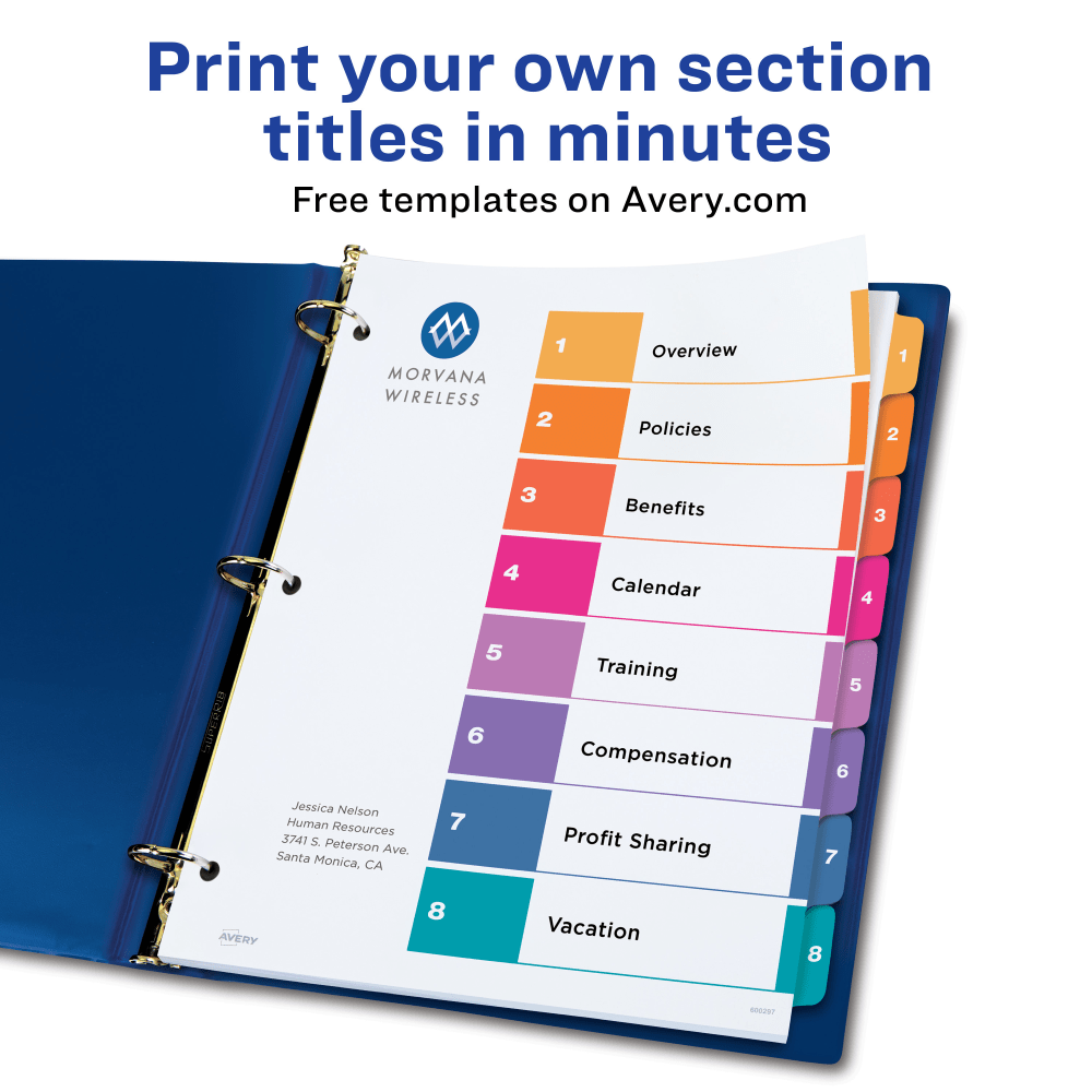 Avery Ready Index 1-8 Tab Binder Dividers With Customizable Table Of Contents, 8-1/2in x 11in, 8 Tab, White/Multicolor, 1 Set