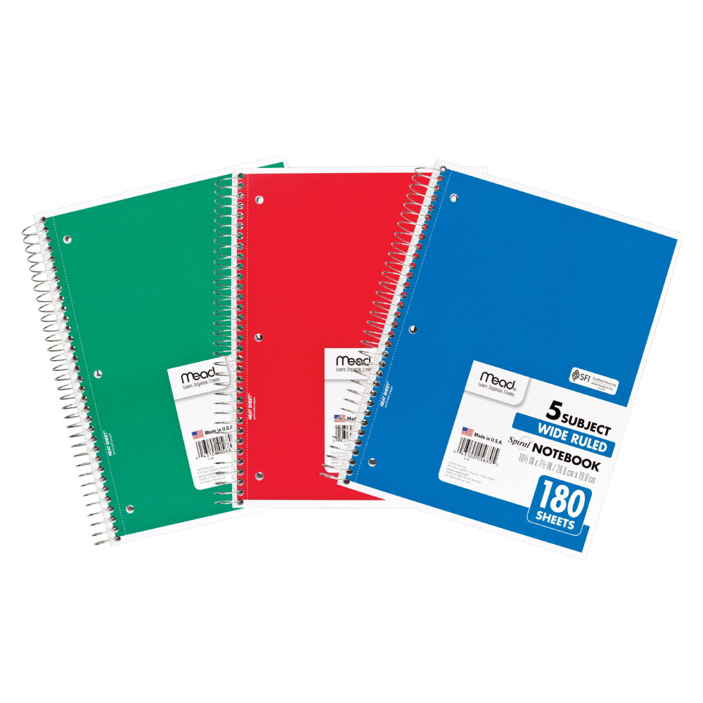 Mead Spiral Notebooks, 8in x 10-1/2in, 5 Subject, Wide Ruled, 180 Sheets, Assorted Colors, Pack Of 3 Notebooks