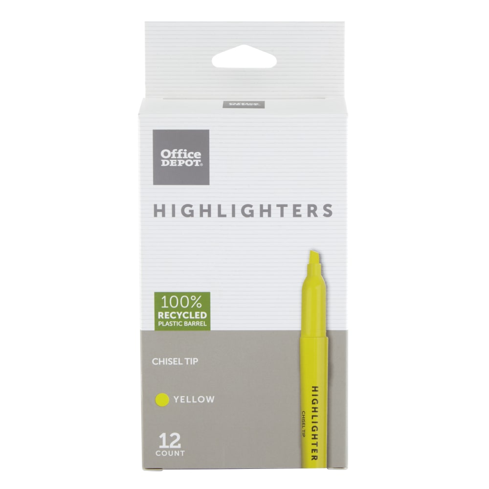 Office Depot Brand Pen-Style Highlighters, 100% Recycled Plastic Barrel, Fluorescent Yellow, Pack Of 12