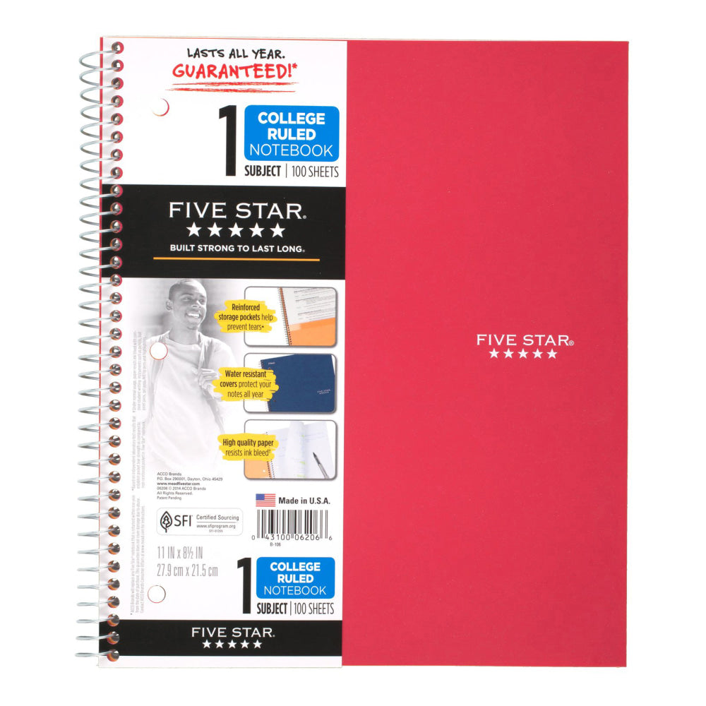 Five Star Wirebound Notebook Plus Study App, 1 Subject, College Ruled, 8 1/2in x 11in, 100 Sheets, Fire Red