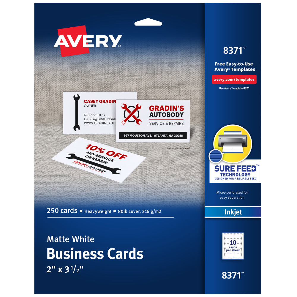 Avery Printable Business Cards With Sure Feed Technology For Inkjet Printers, 2in x 3.5in, White, 250 Blank Cards