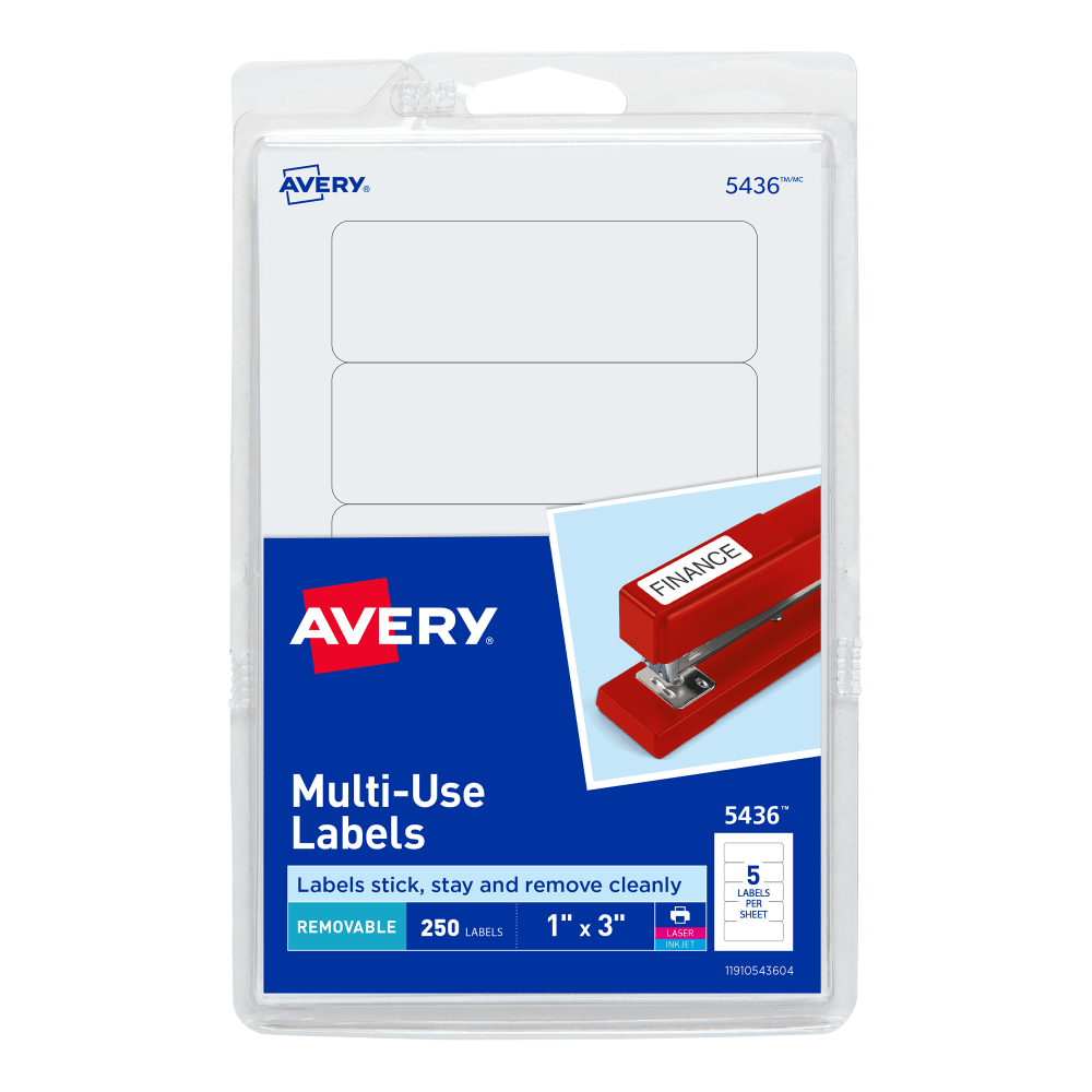 Avery Removable Labels, 5436, Rectangle, 1in x 3in, White, Pack Of 250