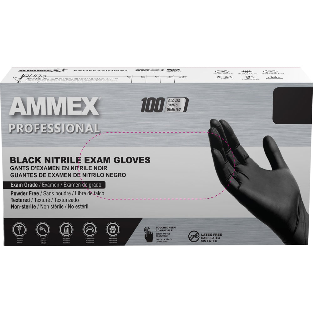 Ammex Professional Powder-Free Exam-Grade Nitrile Gloves, X-Large, Black, Box Of 100 Gloves