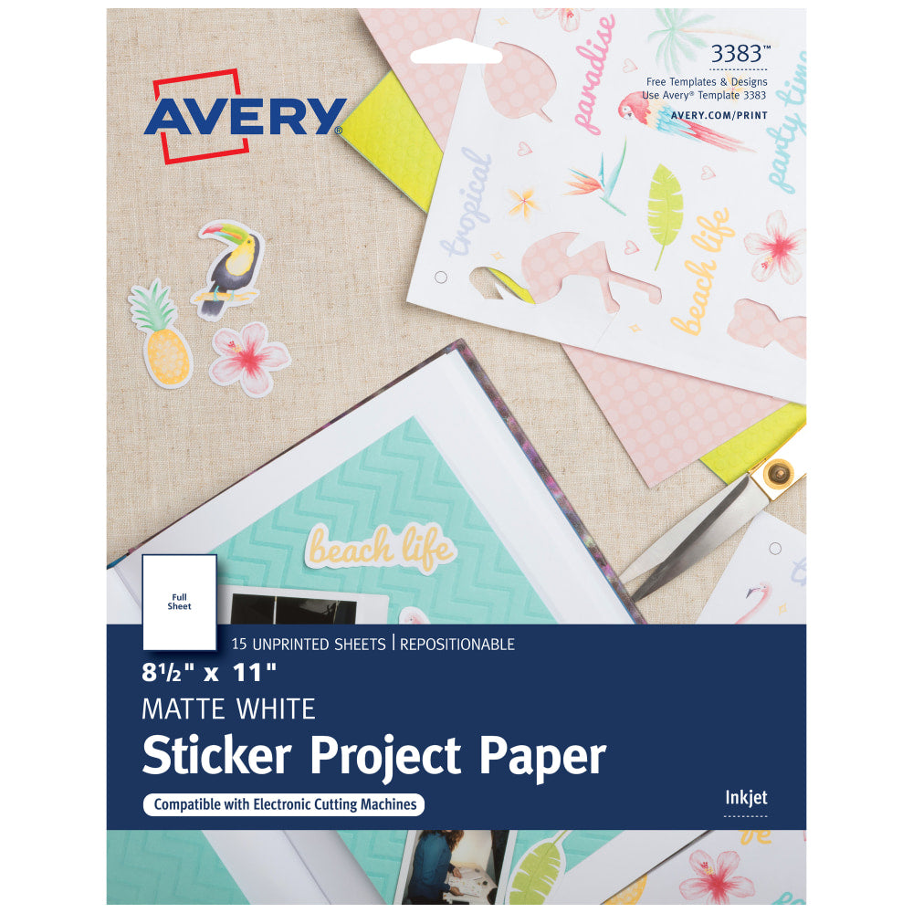 Avery Sticker Project Paper, Letter Size (8 1/2in x 11in), White, Pack Of 15 Sheets