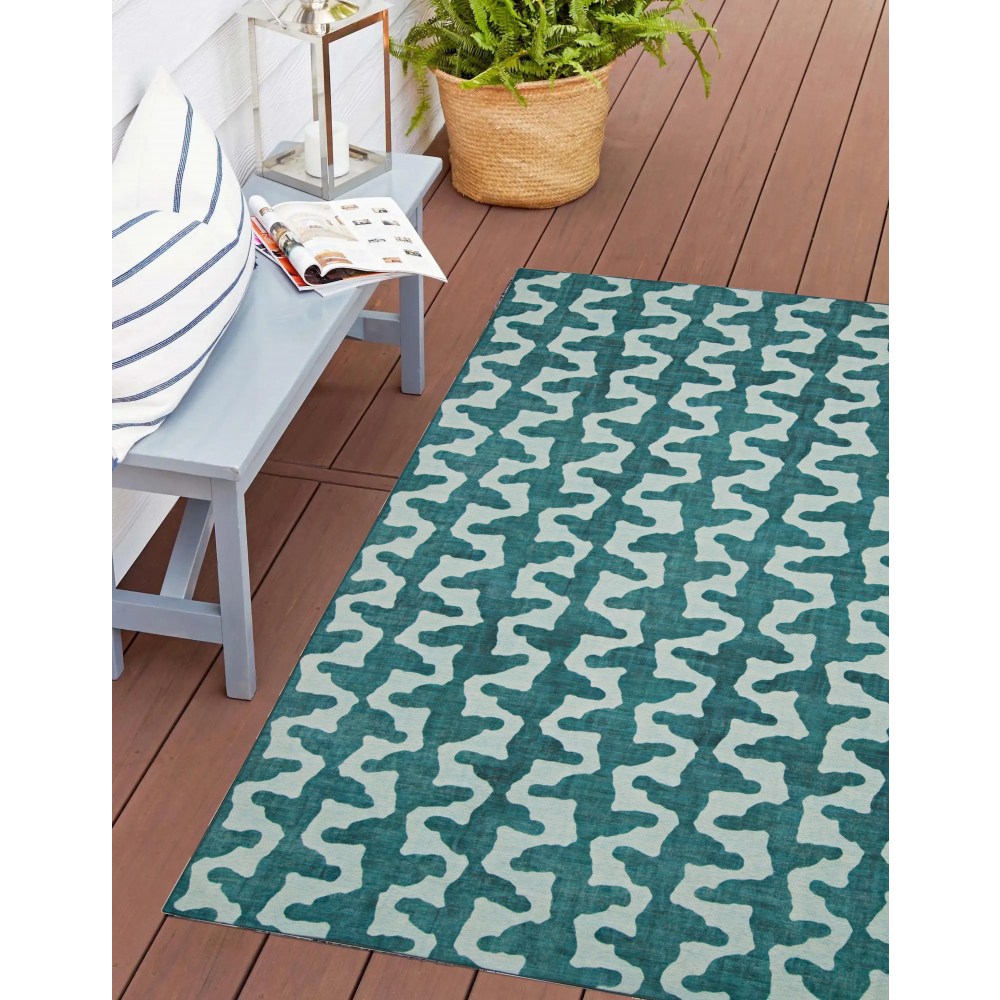 Linon Washable Outdoor Area Rug, Scobey, 3ft x 5ft, Aqua/Green