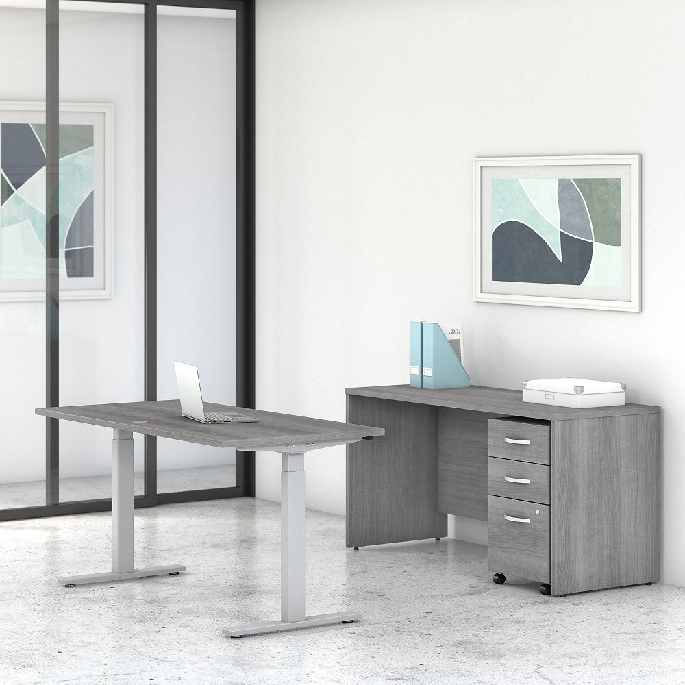 Bush Business Furniture Studio C Electric 60inW x 30inD Height-Adjustable Standing Desk, Credenza And Mobile File Cabinet, Platinum Gray, Standard Delivery