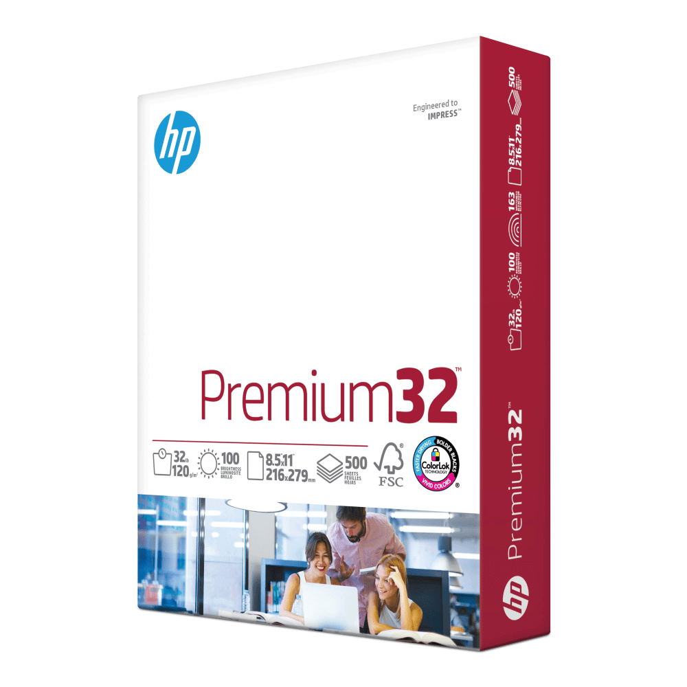 HP Premium32 Laser Paper, Smooth, White, Letter Size (8 1/2in x 11in), Ream Of 500 Sheets, 32 Lb, 100 Brightness