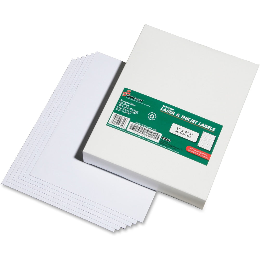 SKILCRAFT 100% Recycled Inkjet/Laser Address Labels, Rectangle, 1in x 2 5/8in, White, Box Of 250 Sheets (AbilityOne 7530-01-578-9290)