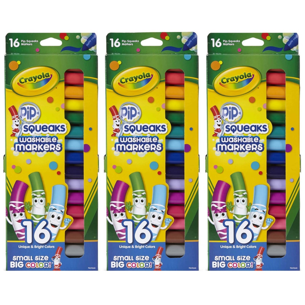 Crayola Pip Squeaks Washable Markers, Assorted Colors, 16 Markers Per Box, Set Of 3 Boxes