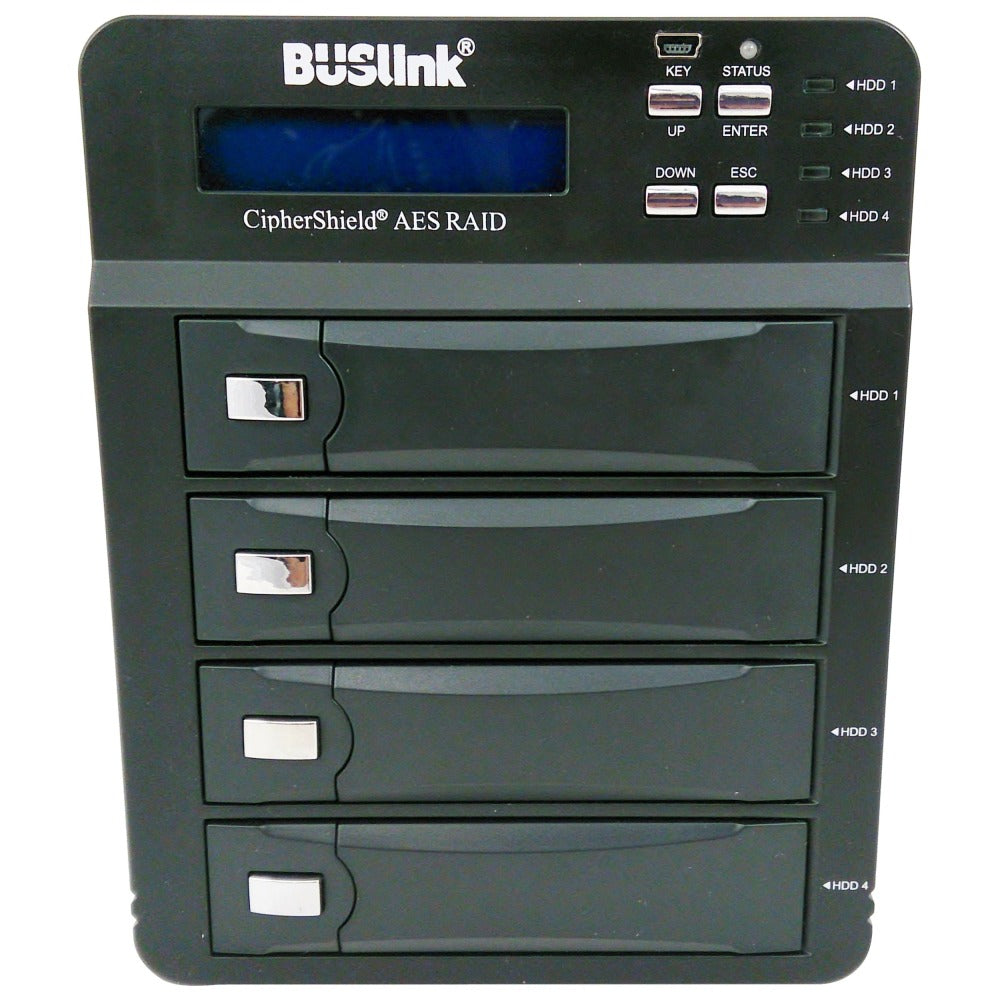 Buslink CipherShield FIPS 140-2 4-bay USB 3.0 eSATA AES 256-bit Encrypted External Drive - 4 x HDD Supported - 4 x HDD Installed - 16 TB Installed HDD Capacity0, 3, 5, 10, LARGE, 3, 5, 10, LARGE - 4 x Total Bays - 4 x 3.5in Bay - External