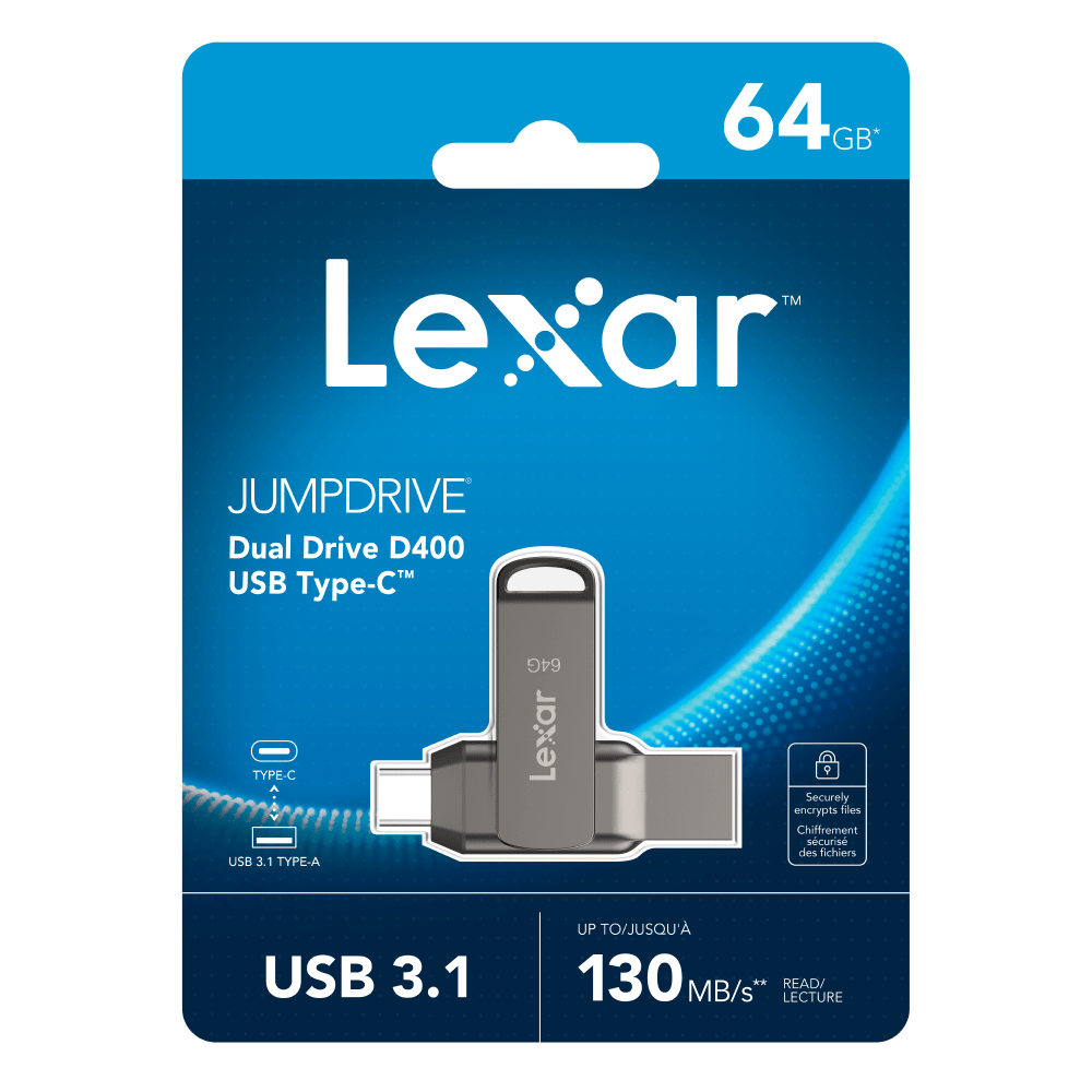 Lexar JumpDrive Dual Drive D400 USB 3.1 Type-C USB Drive, 64GB, Silver