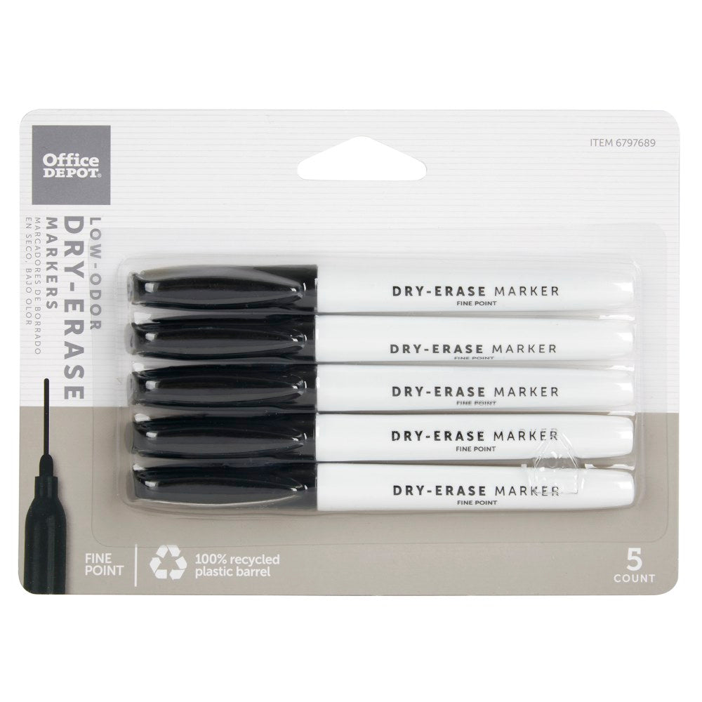 Office Depot Brand Low-Odor Pen-Style Dry-Erase Markers, Fine Point, 100% Recycled Plastic Barrel, Black Ink, Pack Of 5