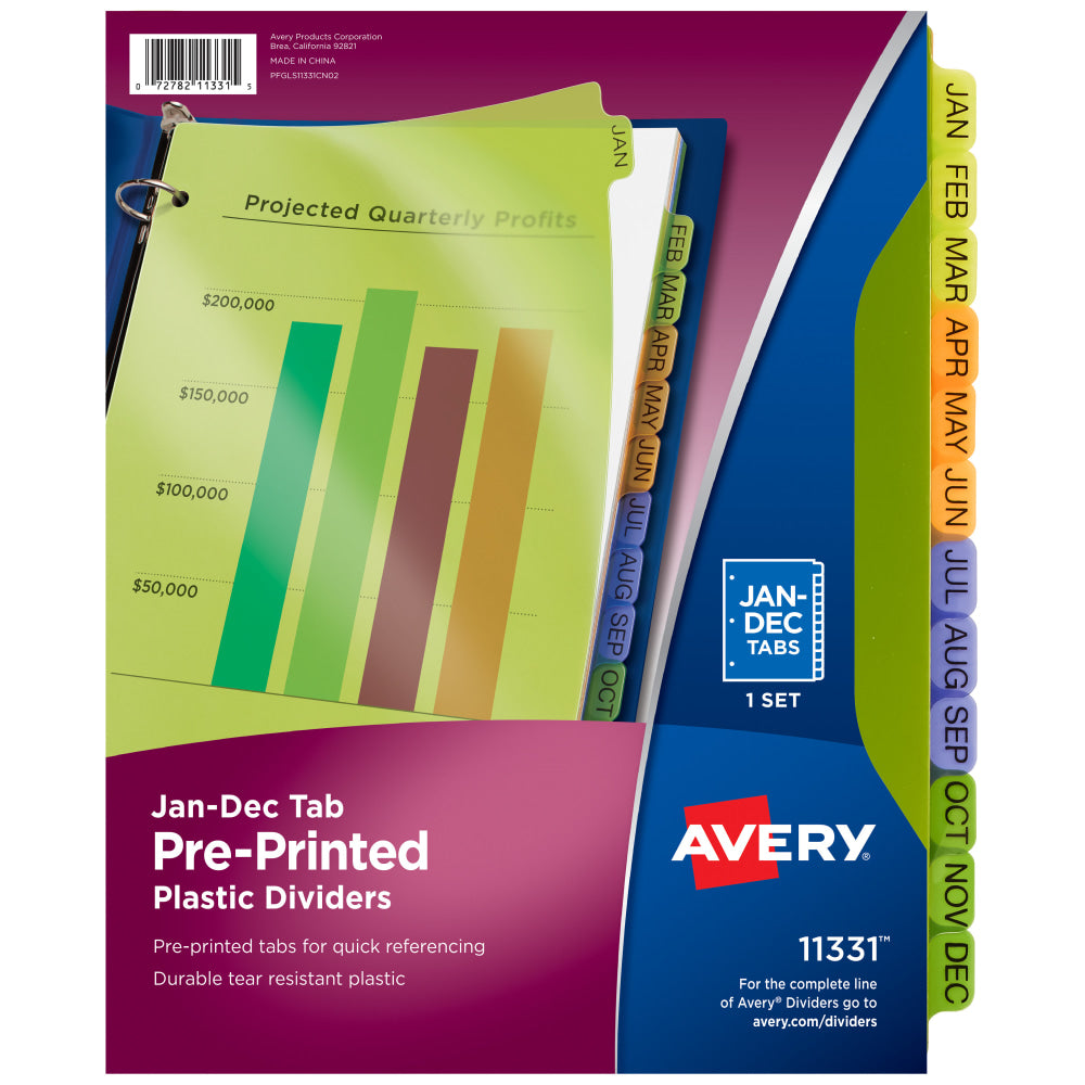 Avery Preprinted Tab Plastic Dividers, 8 1/2in x 11in, Jan-Dec Tabs, Multicolor, Set Of 12