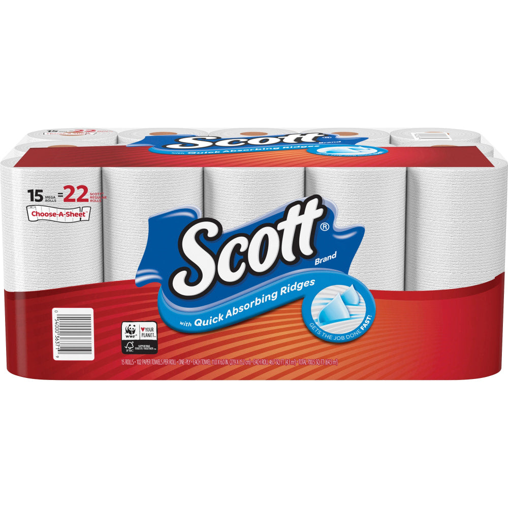 Scott Select-A-Size Mega 1-Ply Paper Towels, 102 Sheets Per Roll, Pack Of 15 Rolls