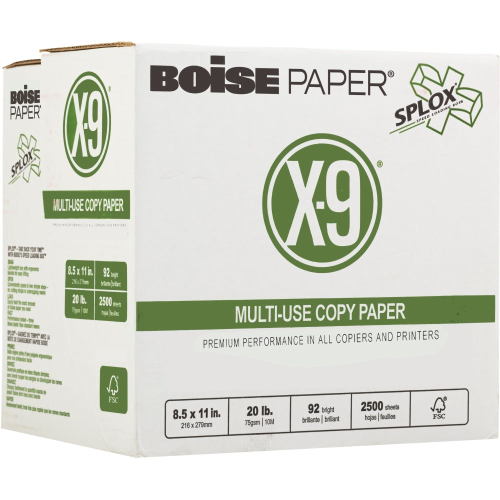 Boise X-9 SPLOX Reamless Multi-Use Printer & Copy Paper, White, Letter (8.5in x 11in), 2500 Sheets Per Case, 20 Lb, 92 Brightness, Case Of 5 Reams