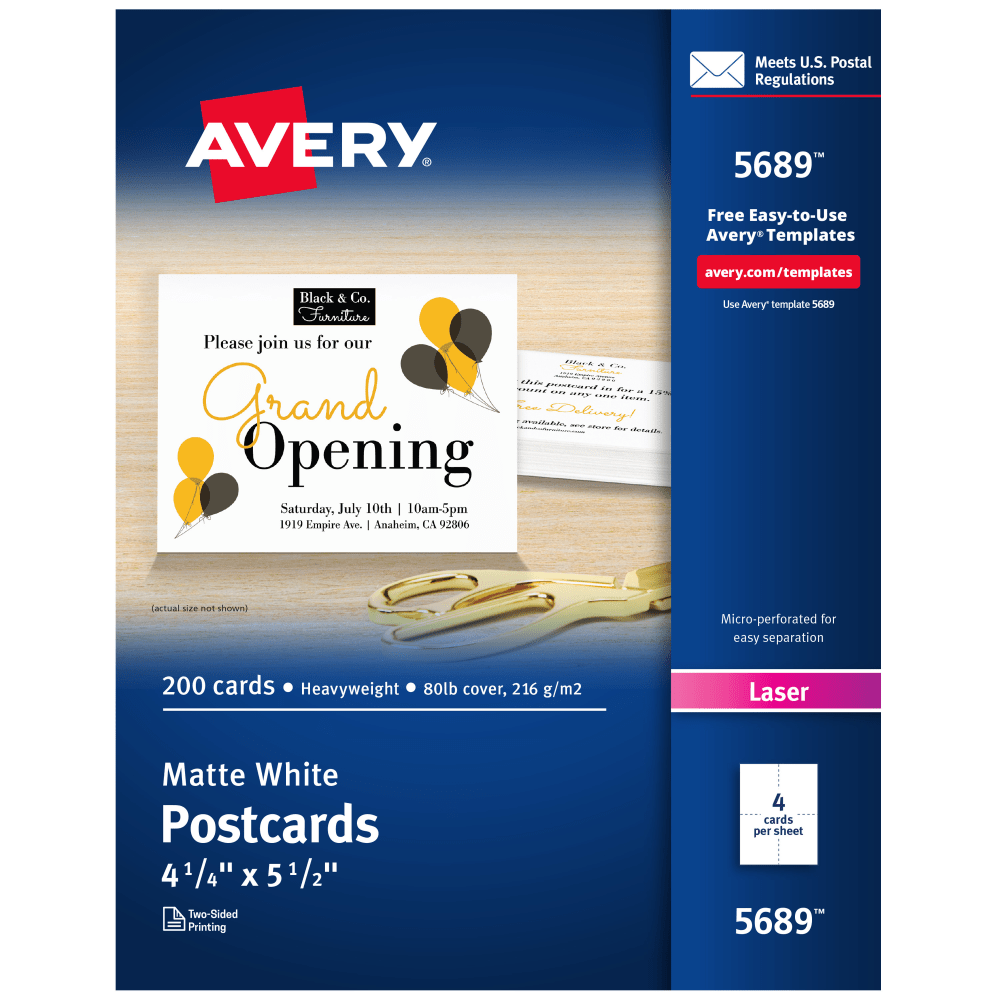 Avery Printable Postcards, 4.25in x 5.5in, White, 200 Blank Postcards For Laser Printers