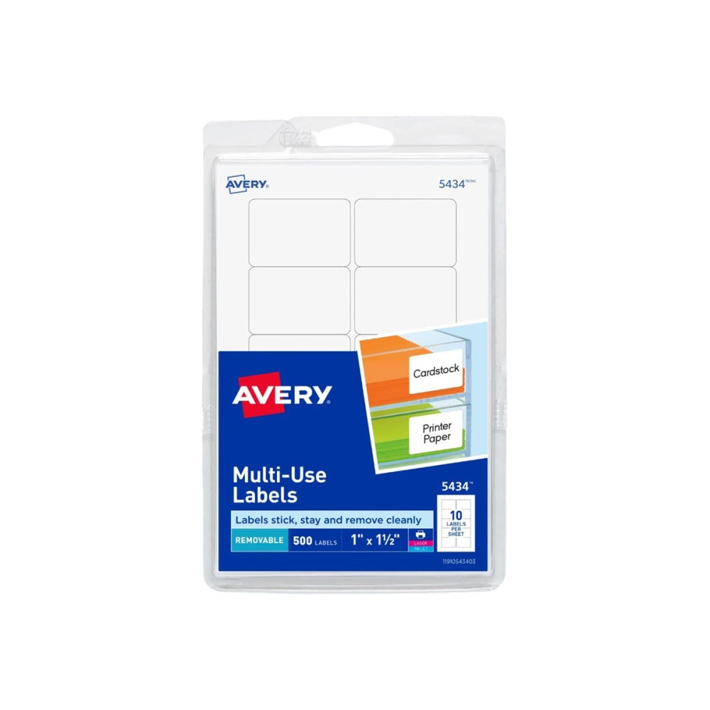 Avery Removable Labels, 5434, Rectangle, 1in x 1-1/2in, White, Pack Of 500