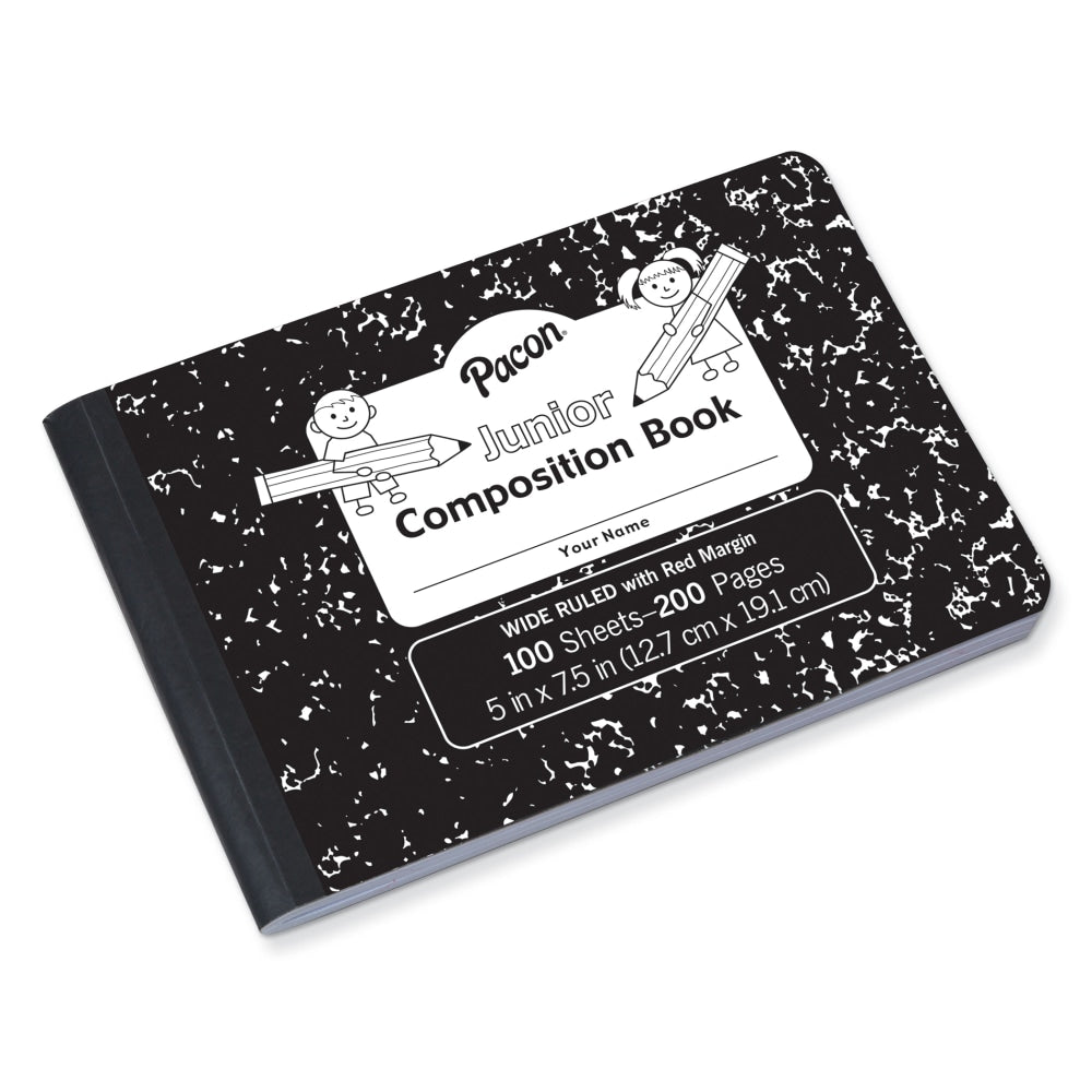 Pacon Junior Composition Books, Wide Ruled, 5in x 7-1/2in, Black Marble, 100 Sheets, Pack Of 12 Books