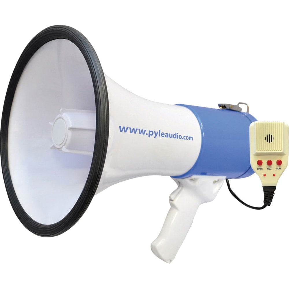 Pyle 50W Megaphone Bullhorn With Record/Siren/Talk Modes, 9-1/2inH x 9-1/4inW x 13-1/2inD, White/Blue