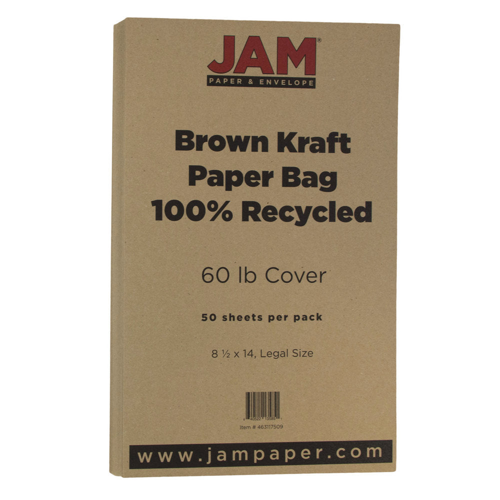 JAM Paper Legal Card Stock, Brown Kraft, Legal (8.5in x 14in), 60 Lb, Pack Of 50