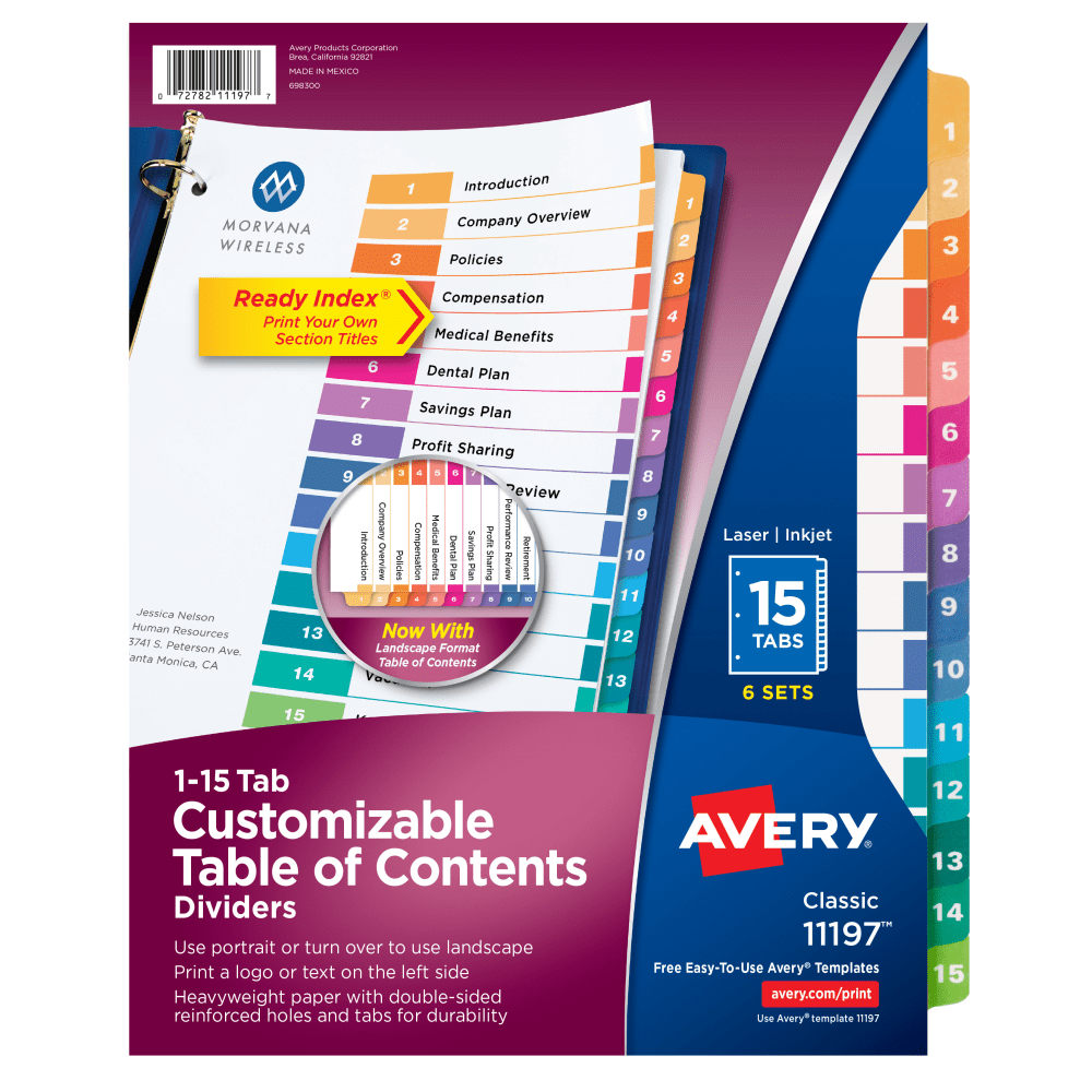 Avery Ready Index 1-15 Tab Binder Dividers With Customizable Table Of Contents, 8-1/2in x 11in, 15 Tab, White/Multicolor, Pack Of 6 Sets