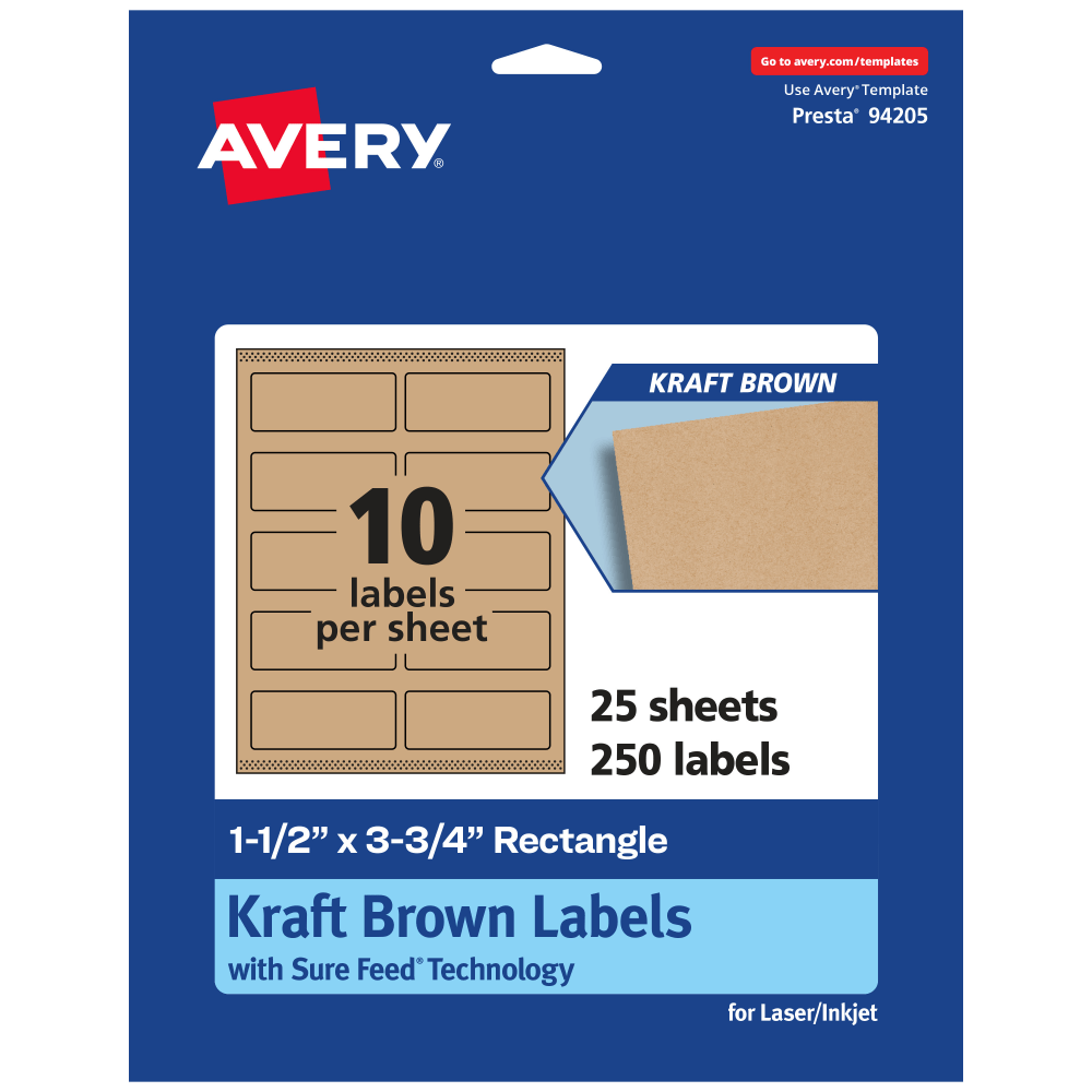 Avery Kraft Permanent Labels With Sure Feed, 94205-KMP25, Rectangle, 1-1/2in x 3-3/4in, Brown, Pack Of 250